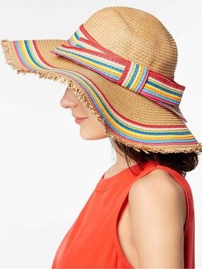 Betsey Johnson Rainbow Straw Sun Beach Pool Hat Summer Accessories Women’s OS